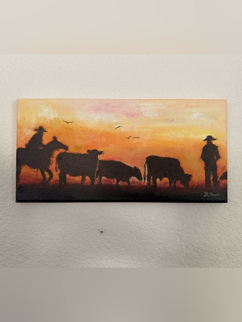 Original oil painting cowboy cattlemen in sunset canvas signed 7x14 inches